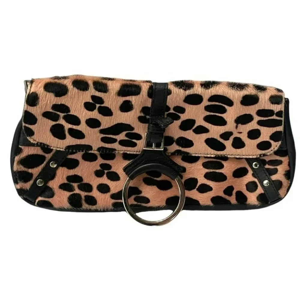 Claudia Firenze Pink + black leopard print fur‎ clutch bag made in Italy